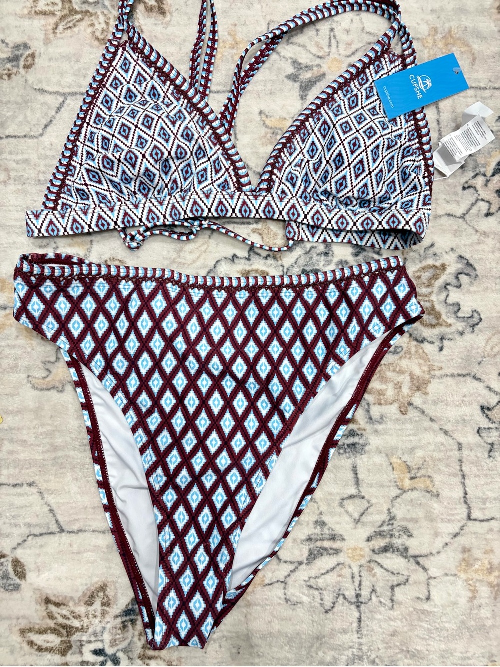 Cupshe Burgundy Blue Geo Print Bikini Set